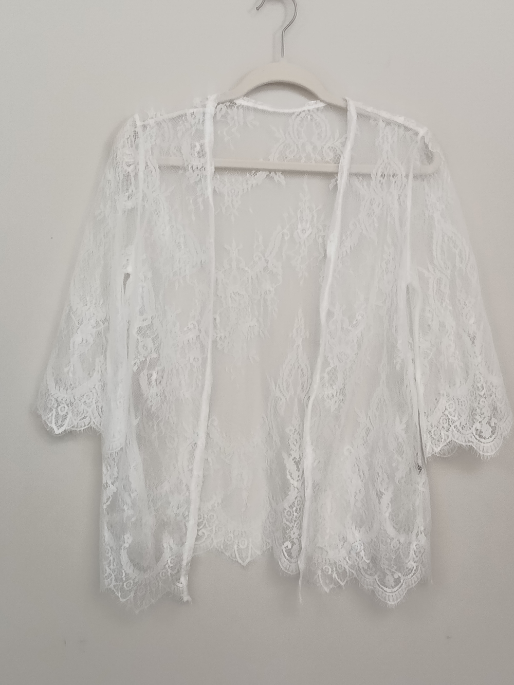 White Sheer Lace Open Front Kimono Cover Up Size S/M Bridal Boho Fairy Delicate